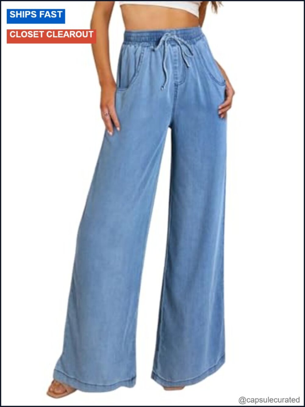 Wide Leg Drawstring Jeans High Waisted Loose Fit Tencel Denim Pants